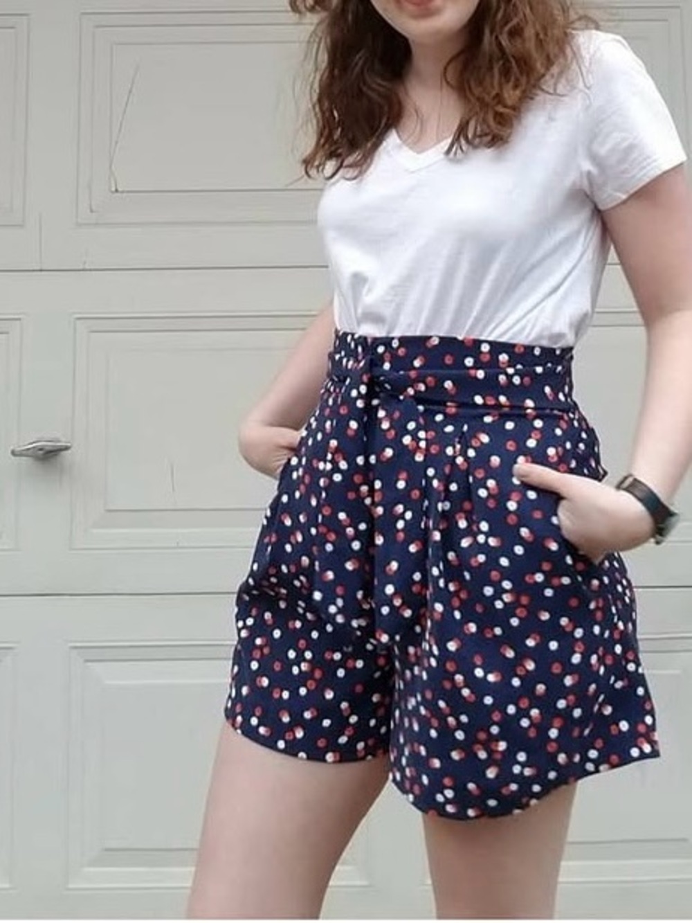 Leith Navy High-Waist Polka Dot Paperbag Shorts